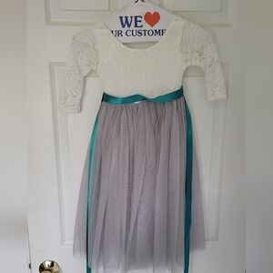 White and Gray Lace Dress with Teal Ribbon